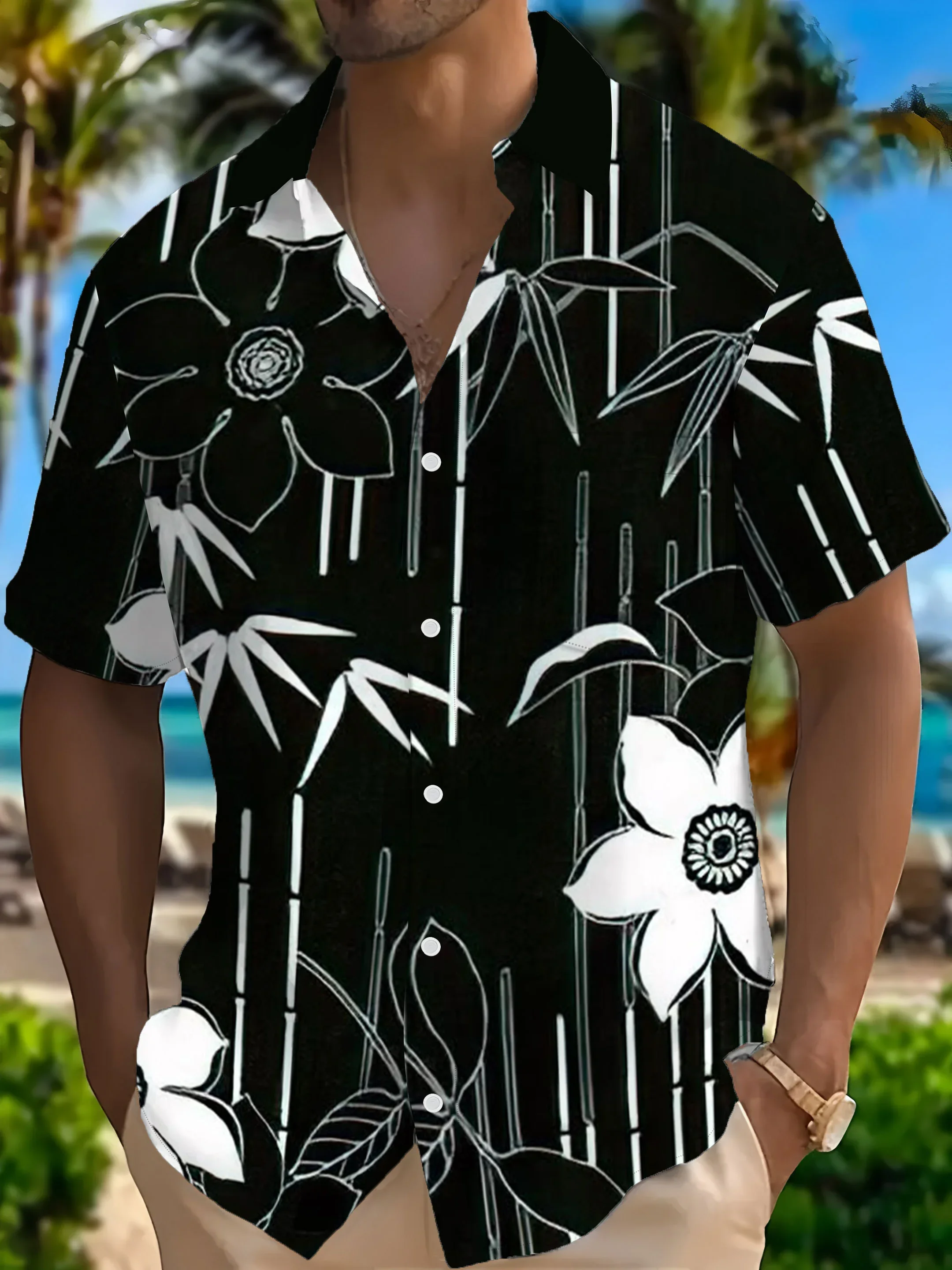 Men Colorful Geometric Line Circle Star Print Hawaiian Shirt Short Sleeve White Contrast Collar Blouse