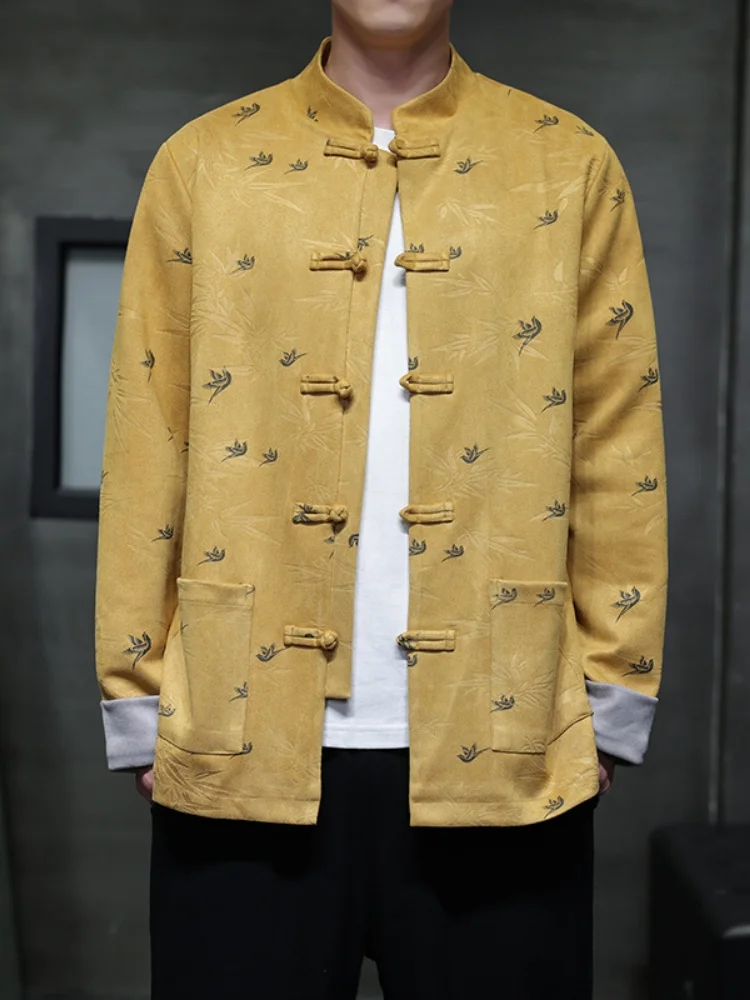 

Men's Suede Jaet Spring New Sle Retro Embroidered Button up Chinese New Sle Tang Costume Hanfu Loose Fit Long Sve Br...