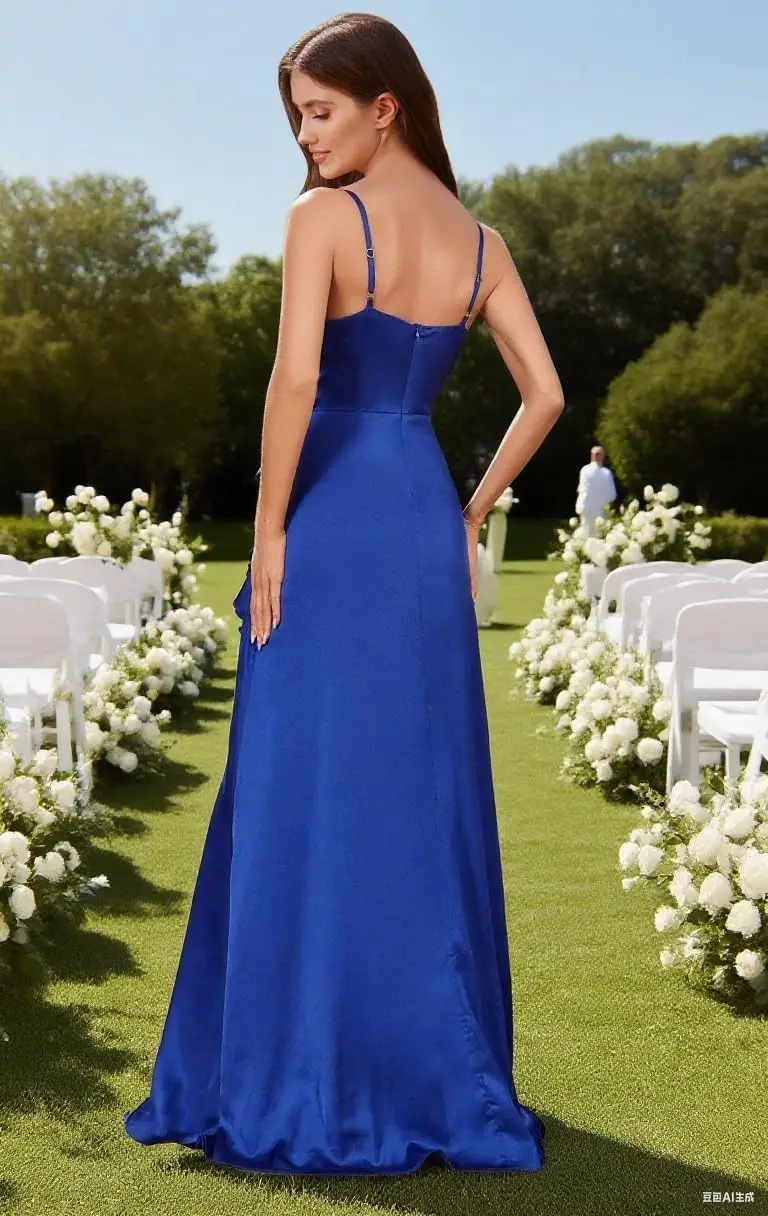 Una línea de vestidos de dama de honor de satén tirantes espagueti cuello en V volante vestido de noche Formal vestidos de fiesta vestido de fiesta de noche para mujer