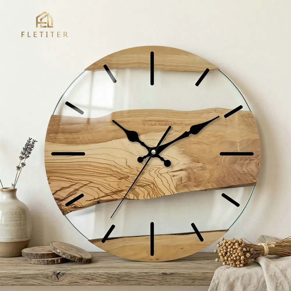 Wood Grain Glass Wall Clock, Creative Art Design Silent Non Ticking Quartz Clock, Modern Large Clock for Living Room Home Decor