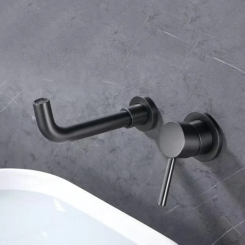 Brushed Gold Bathroom Basin Faucet Concealed Wall Mounted 360 Rotation Single Handle Hot Cold Water Bath Mixer Tap