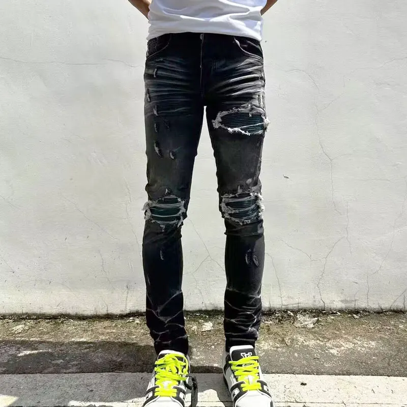 

Street fashion boutique men's black gray jeans elastic tight green patch jeans men's designer hip-hop brand retro pants Hombre