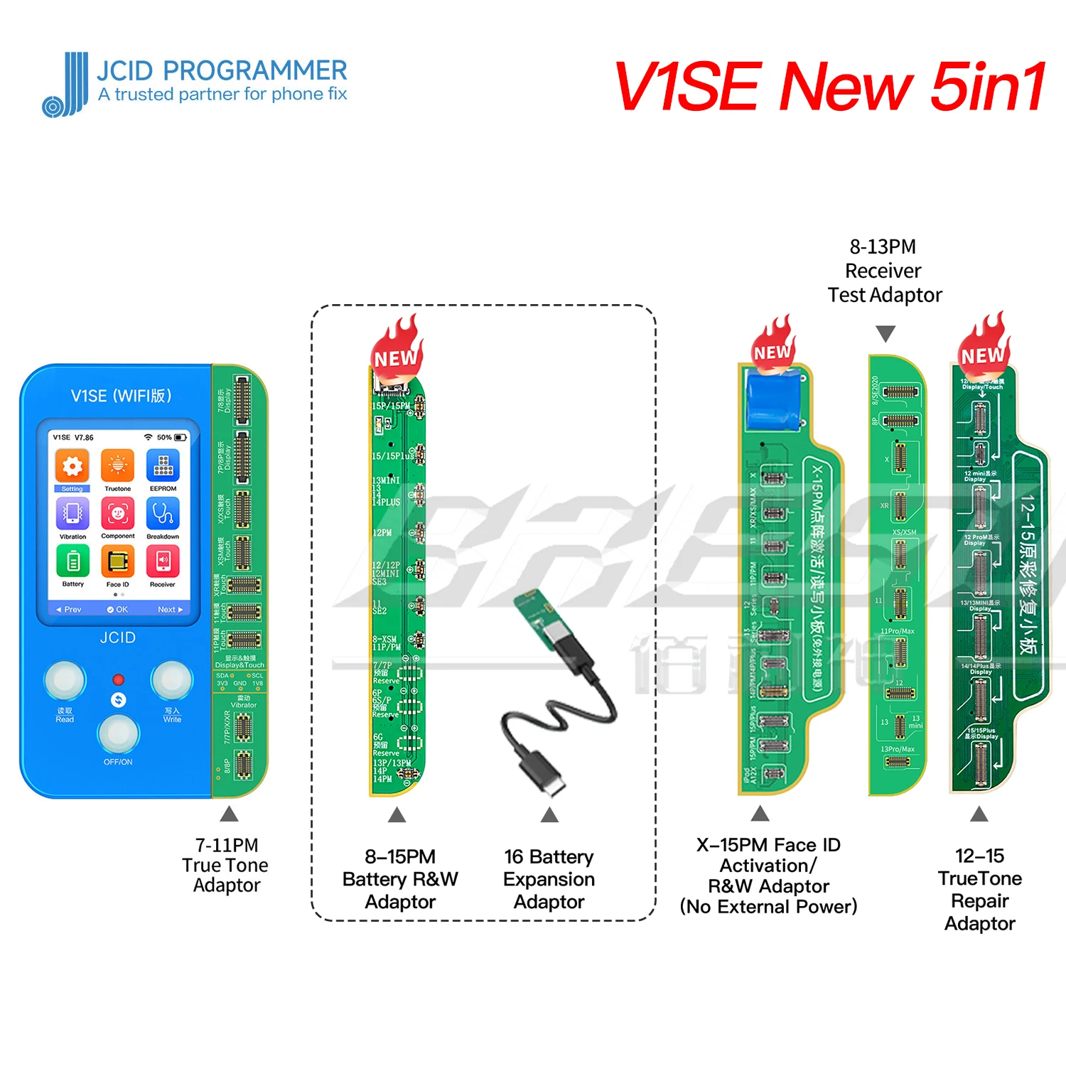 مبرمج JC V1SE لهاتف iPhone X 11 12 13 14 15 Pro Max مبرمج بطارية بصمة أصلية حساسة للضوء