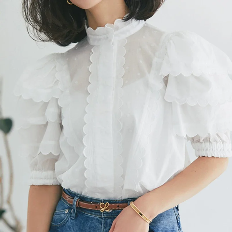 Kuzuwata Japanese Polka Dot Embroidery Blusas French Lace Slightly Transparent Shirts 2024 Summer Thin Sweet Wavy Collar Blouses