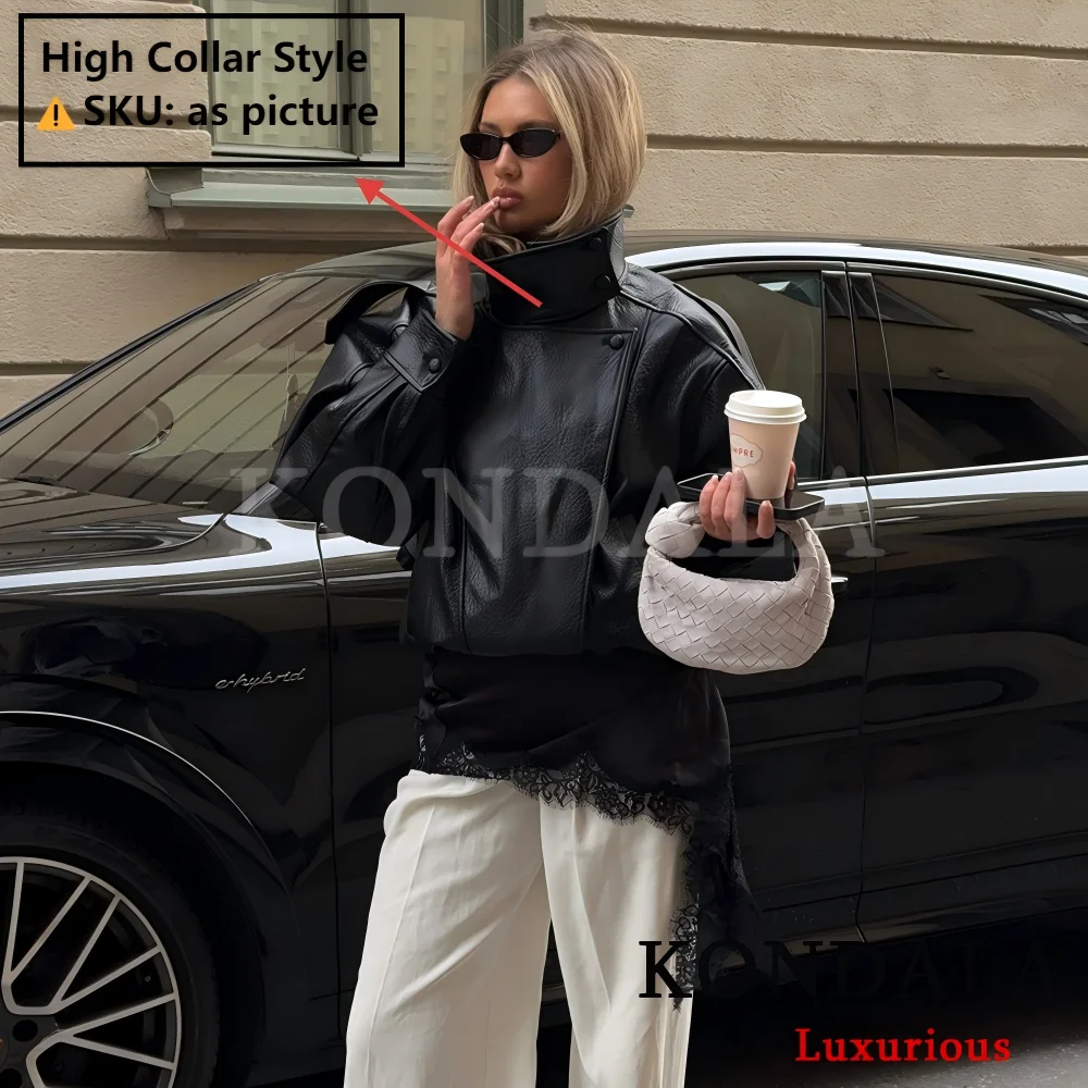 KONDALA Ležérní elegantní černé kožené bundy pro ženy s dlouhým rukávem, knoflíky, elastické nadměrné kabáty, módní podzimní streetwear kabáty 2025 - náhled 5