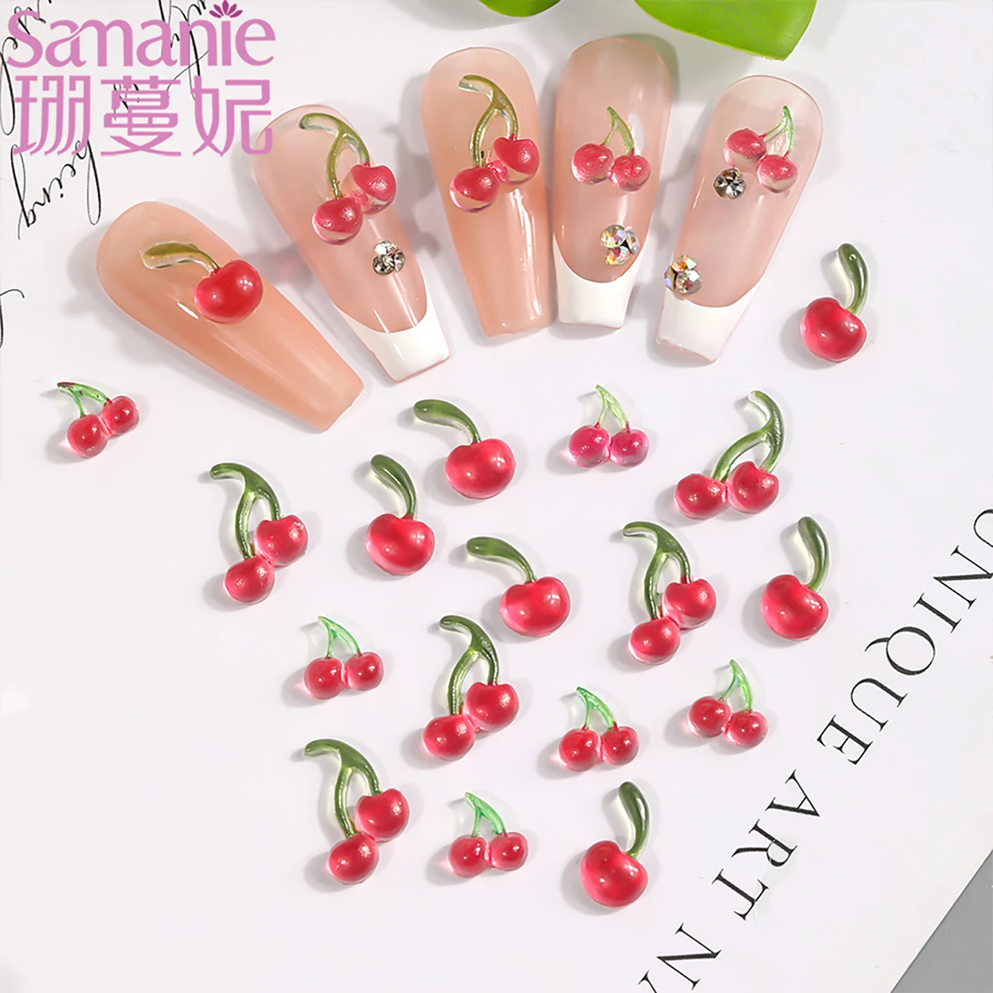 SANANIE 10PCS 3D Translucent Dark Red Cherry Resin Fruit Nail Art Charms Creative Simulated Cherry Nails DIY Decorations Crafts