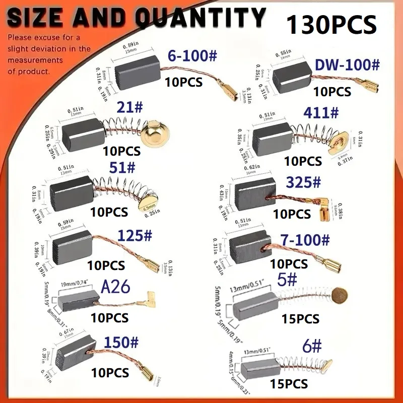 Brand New 130-Piece Carbon Brush Set, 12 Different Specifications - Metal, Copper Oxide Wire, Anti-Slip Grooves, Wear-Resistant