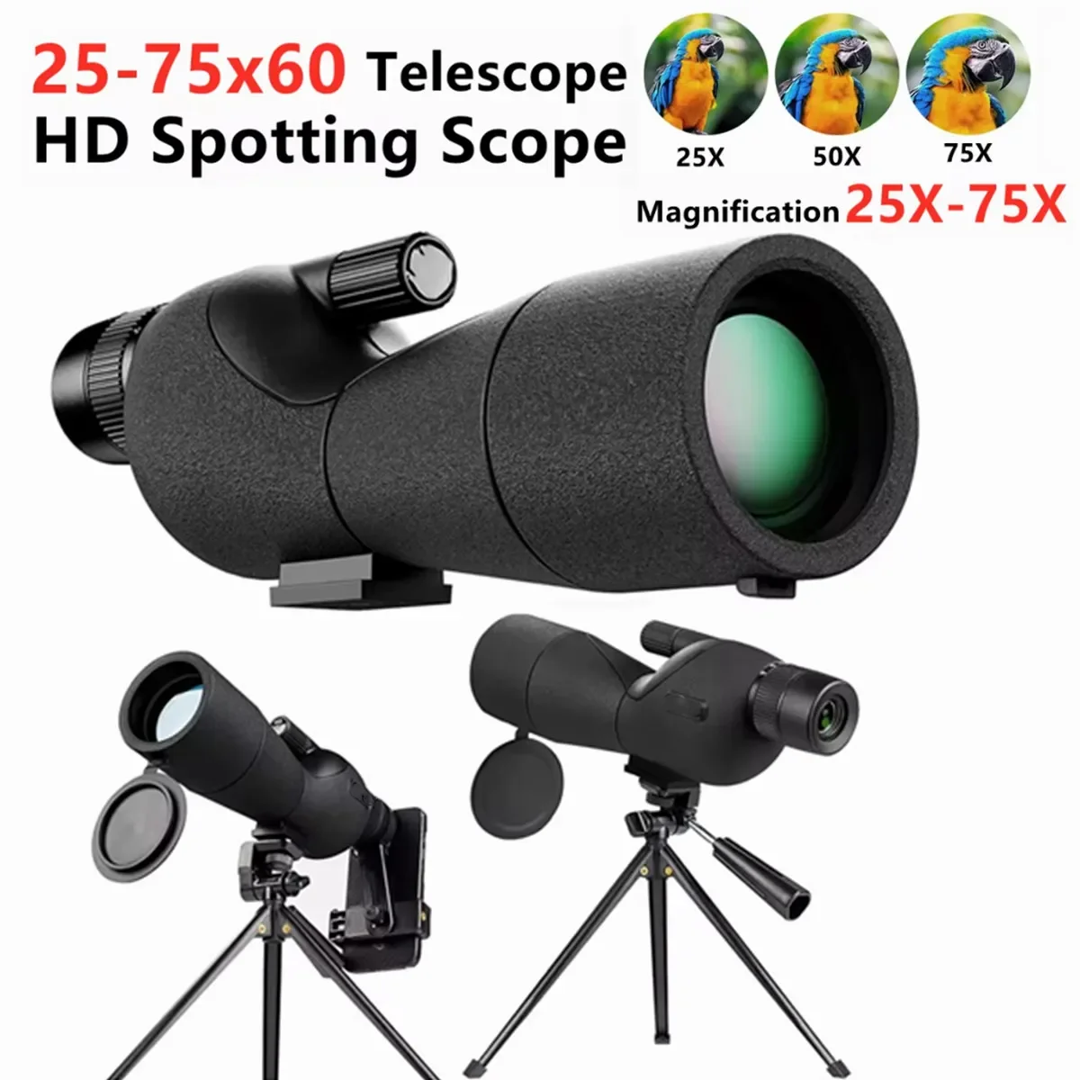 

Монокулярный телескоп с зумом 25-75x60 HD, мощный телескоп с призмой Bak4, бинокль для активного отдыха, наблюдения за птицами и охоты