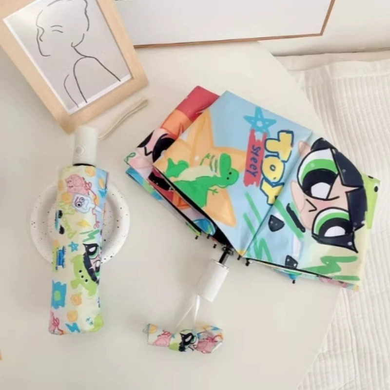 The Powerpuff anak perempuan kartun lucu perlindungan matahari otomatis hujan atau bersinar payung vinil pelajar lipat hadiah liburan