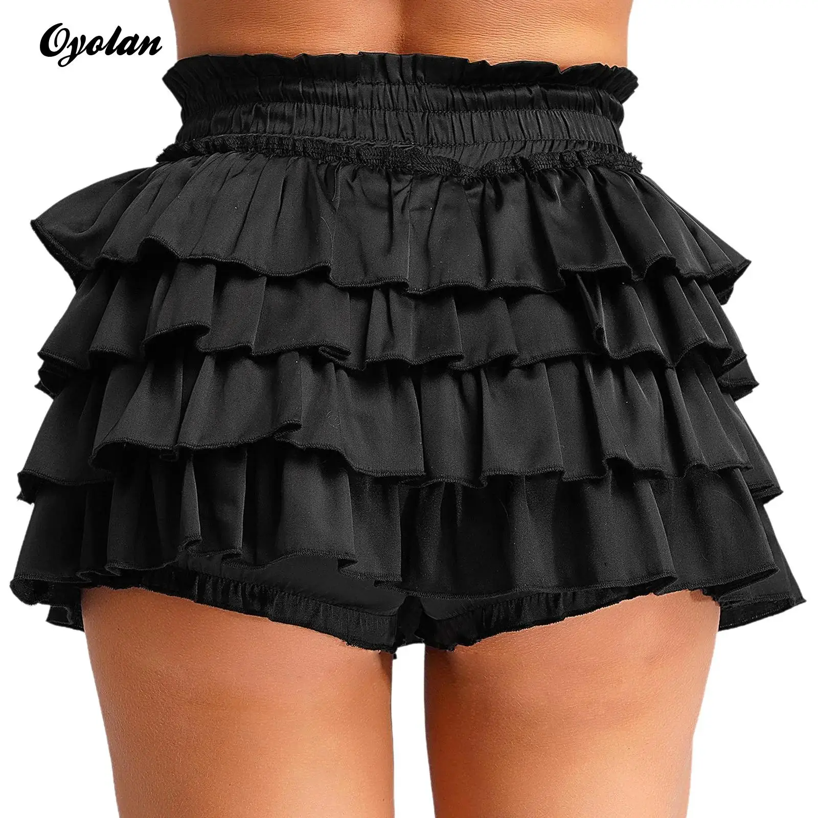 Womens Cute Tiered Ruffles Satin Bloomers Shorts Bowknot Lace Bubble Safety Shorts Cosplay Theme Rave Party Coatume