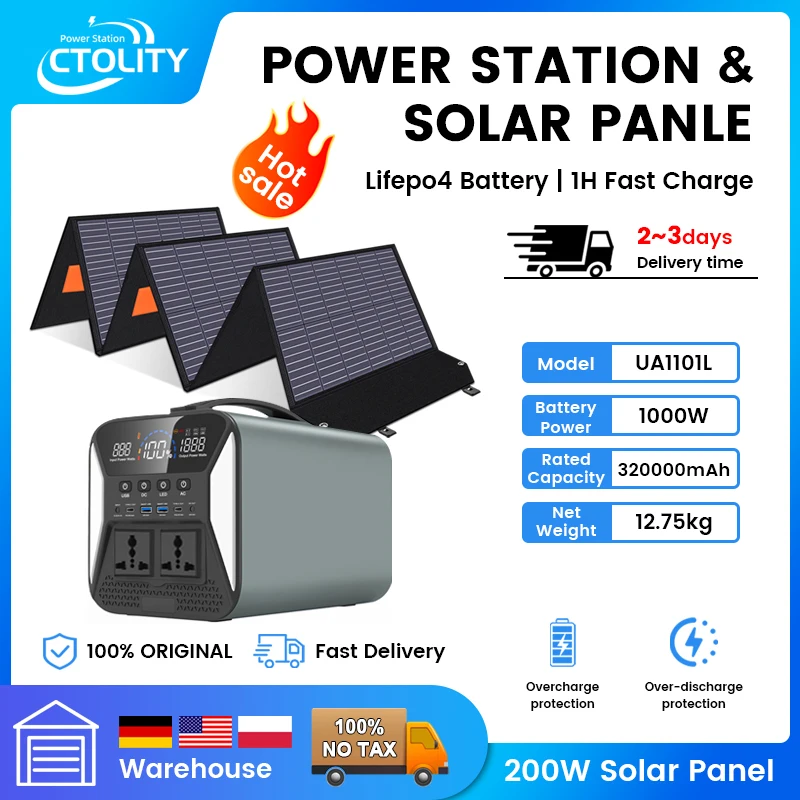 1000W Portable Power Station With 200W Solar Panel Lifepo4 18650 Lithium Batteries for Camping Outdoor Solar Generater