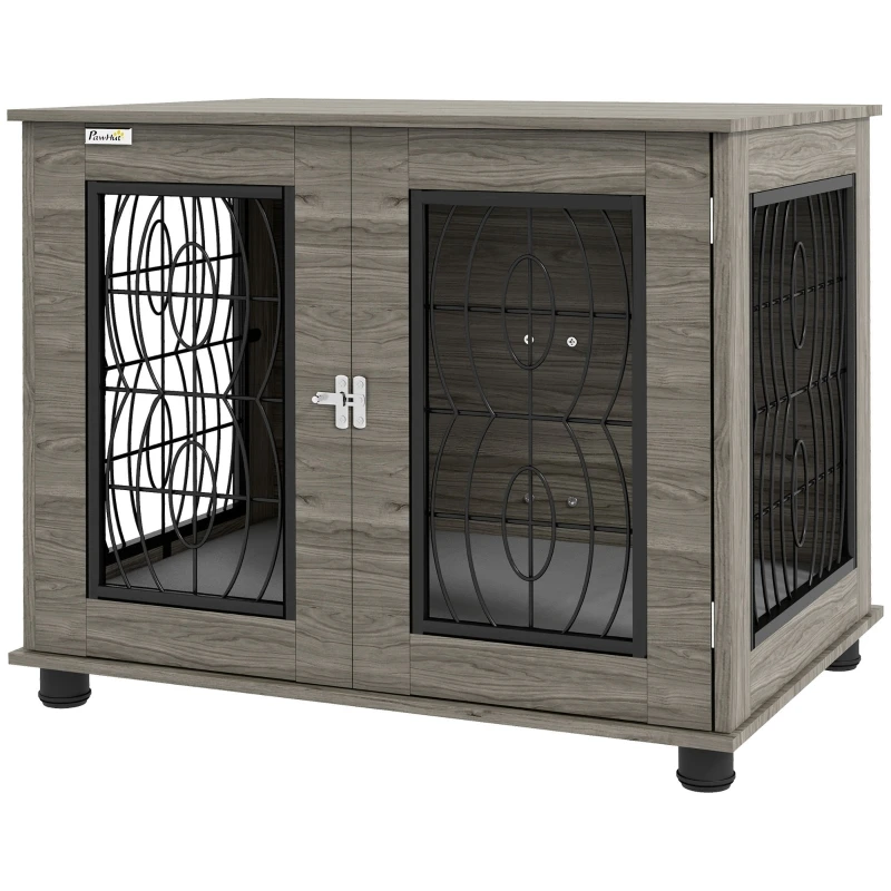 Jaula para Perros Gris y Madera de 80x56x63cm con Cojín, Jaula Metálica para Mascotas de hasta 20kg/50cm de Longitud Corporal, Caseta Interior para el Hogar