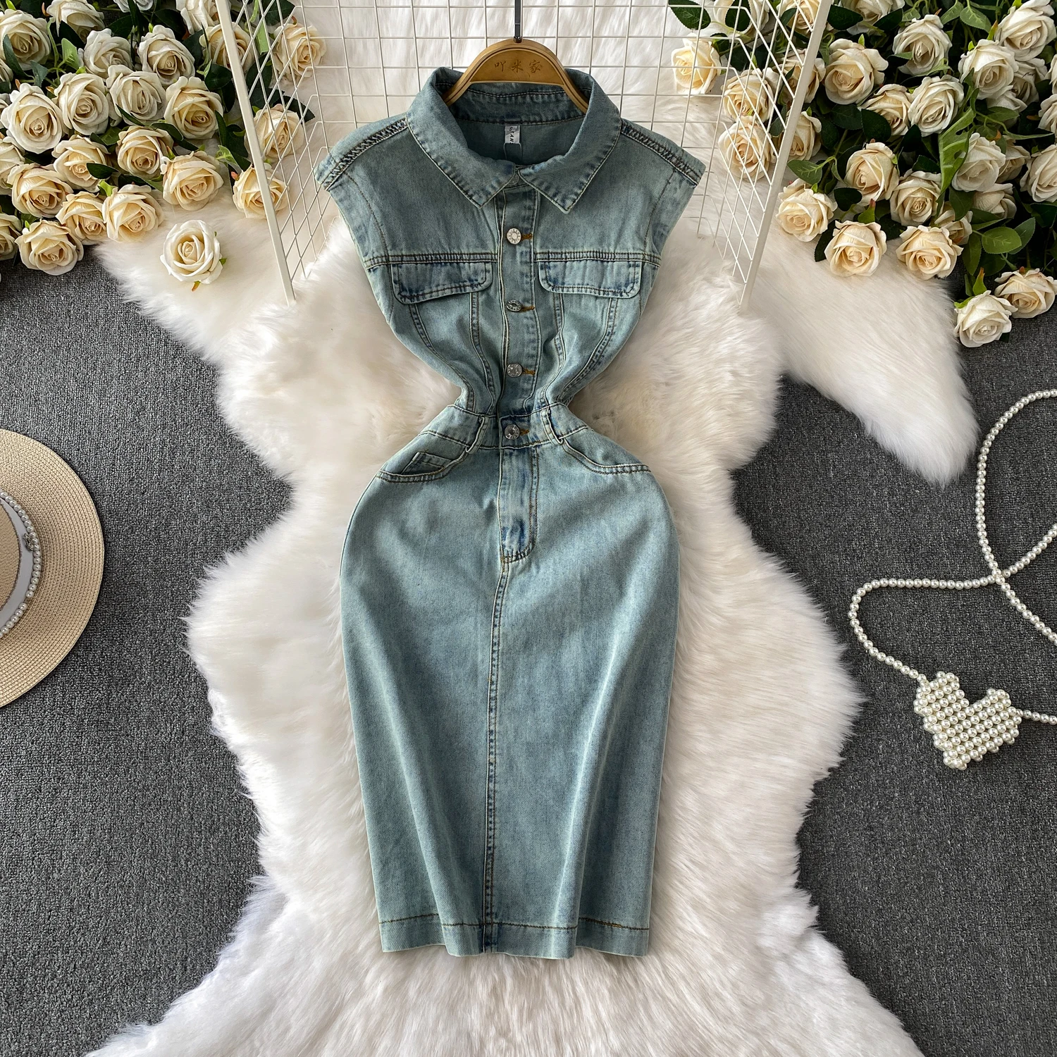 Verão oco para fora denim vestido lapela único breasted feminino sem mangas vestidos casuais moda feminina vestido de cowboy