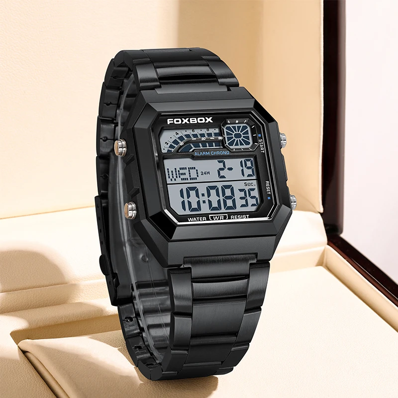 FOXBOX Fashion Luxury Digital Man Watch Casual Simple Dial Auto Date Waterproof Luminous Steel Electronic Watches for Men Gifts