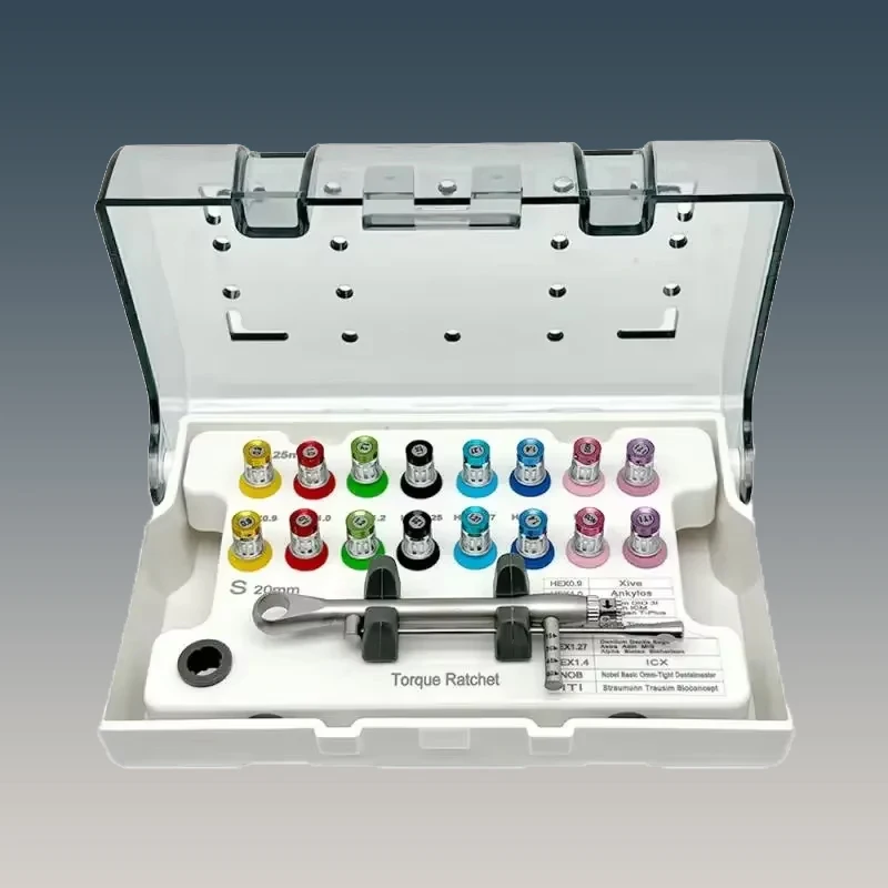 

Высококачественные отвертки, динамометрический ключ для зубных имплантатов, трещотка 15-60 Н см с драйверами и комплектом гаечных ключей