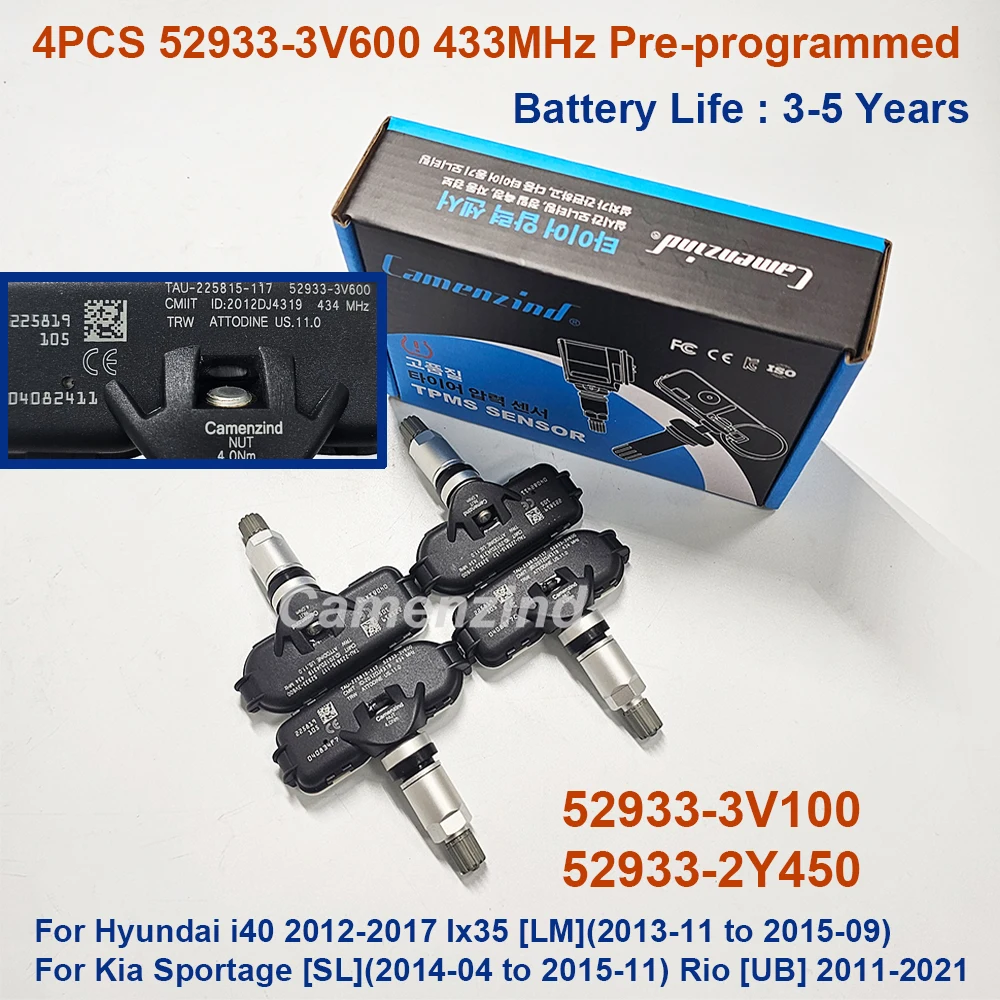 

4 датчика давления в шинах 52933-3V600 529333V600 для Hyundai I40 [VF] 2014-2021, Kia Rio [UB] 2011-2017 52933-3V100 529333V100