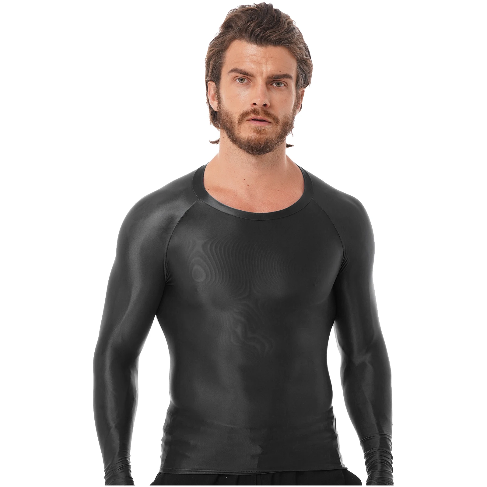 Mens Glossy O Neck Long Sleeve T-shirt Running Sports T-Shirts Tops Solid Color Slim Fit Breathable Tops Gym Yoga Sportwear