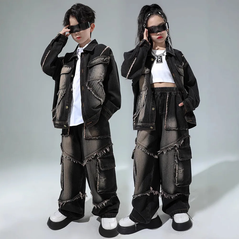

Детская подростковая одежда для мальчиков и девочек в стиле хип-хоп, джазовая одежда для уличных танцев, джинсовая куртка, джинсовый костюм из 2 предметов, детское пальто, брюки, комплект одежды для выступлений, костюм