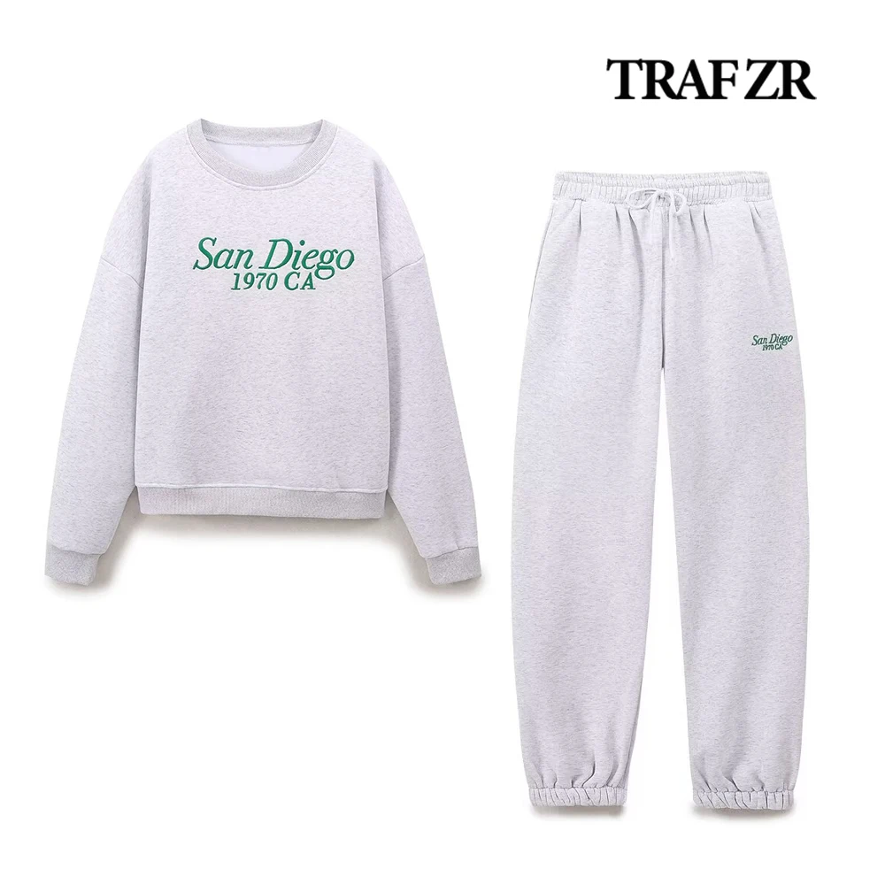 TRAF ZR Women\'s  2 Piece Pants Set Basic Plush Text Print Joggings Sets Contrasting Text Print Sweatshirt Drawstring Trousers