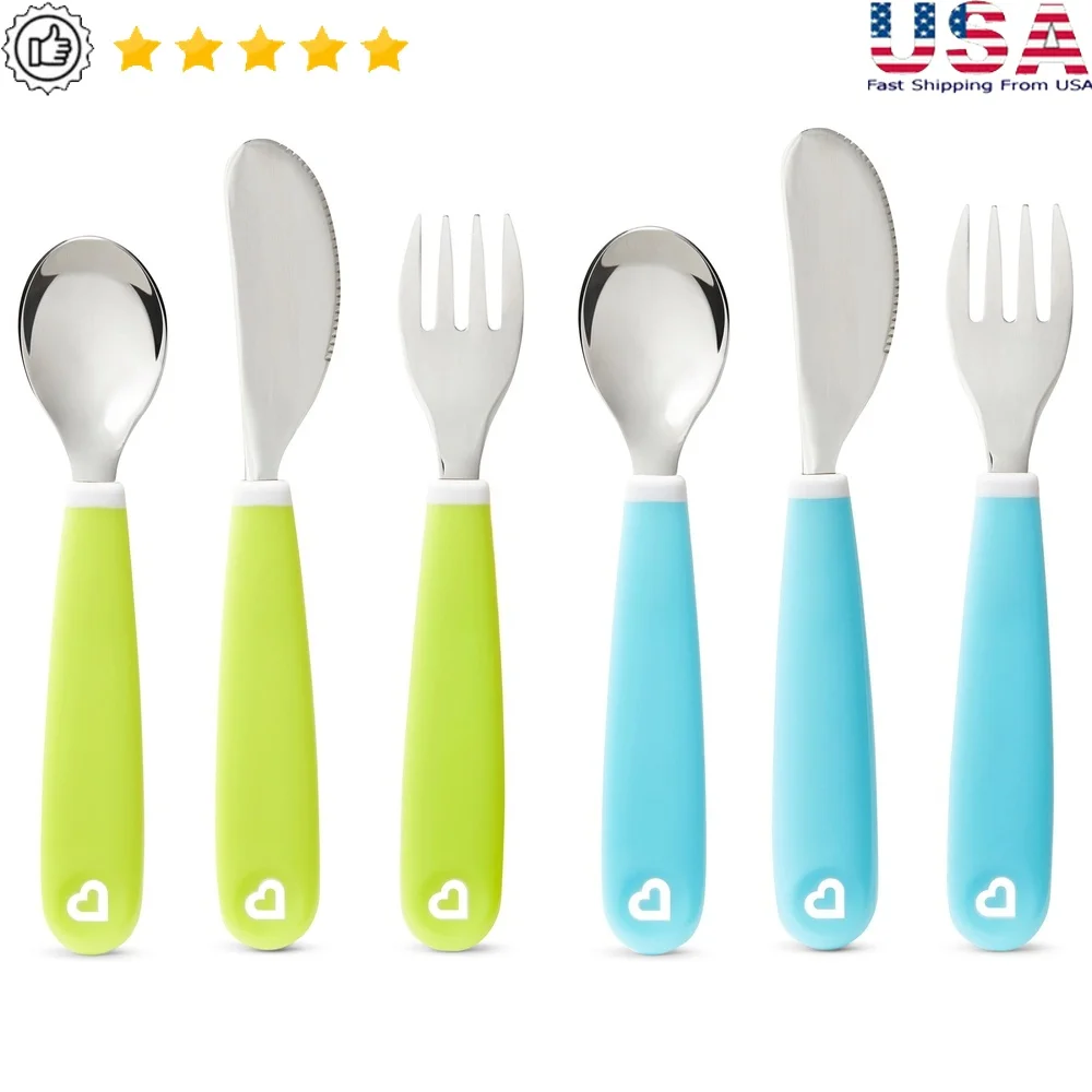 

Toddler Utensil Set Fork Knife Spoon 6 Pack Ergonomic Self Feeding Colorful Safe Kids 18 Months Plus
