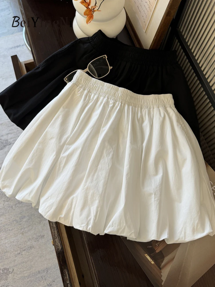 Beiyingni Damskie Mini Spódniczki Bud Jednolity Kolor Koreański Kawaii Biała Krótka Spódniczka Tutu w Kształcie Litery A Dziewczęca Styl Preppy Uliczne Kieszenie Faldas