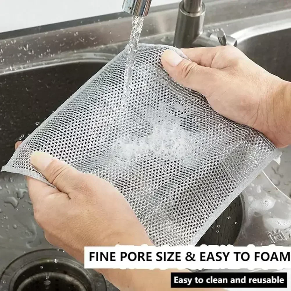 20/5pcs Double-side Steel Wire Cleaning Cloth Kitchen Pan Pot Dish Washing Cloths Household Cleaning Microfiber Mesh Rags Towel