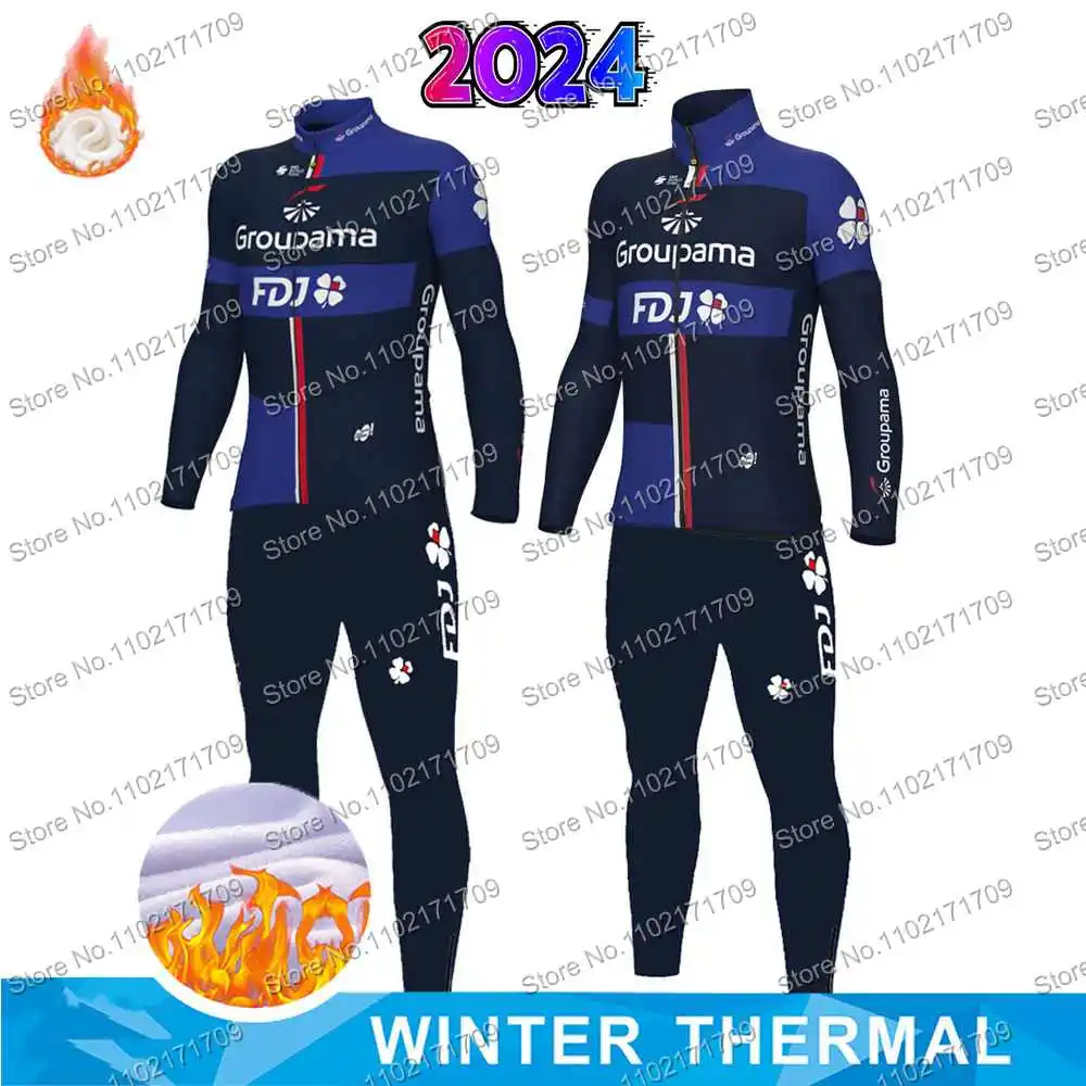 Winter Thermal Pro Team Groupama-FDJ 2024 Cycling Jersey Set Long Sleeve Cycling Clothing Blue for Mens Womens Bicycle Pant Ropa