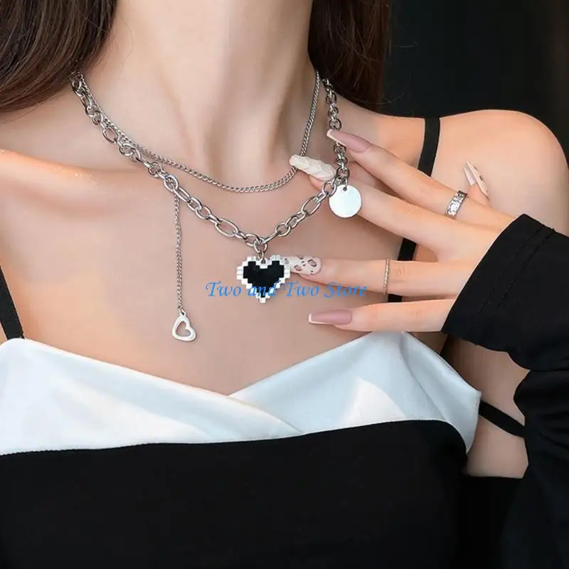 HX6F Korean Version Double Layer Black Love Necklace Cold Wind Simple Hip-hop Non-fading Necklace Collarbone Chain