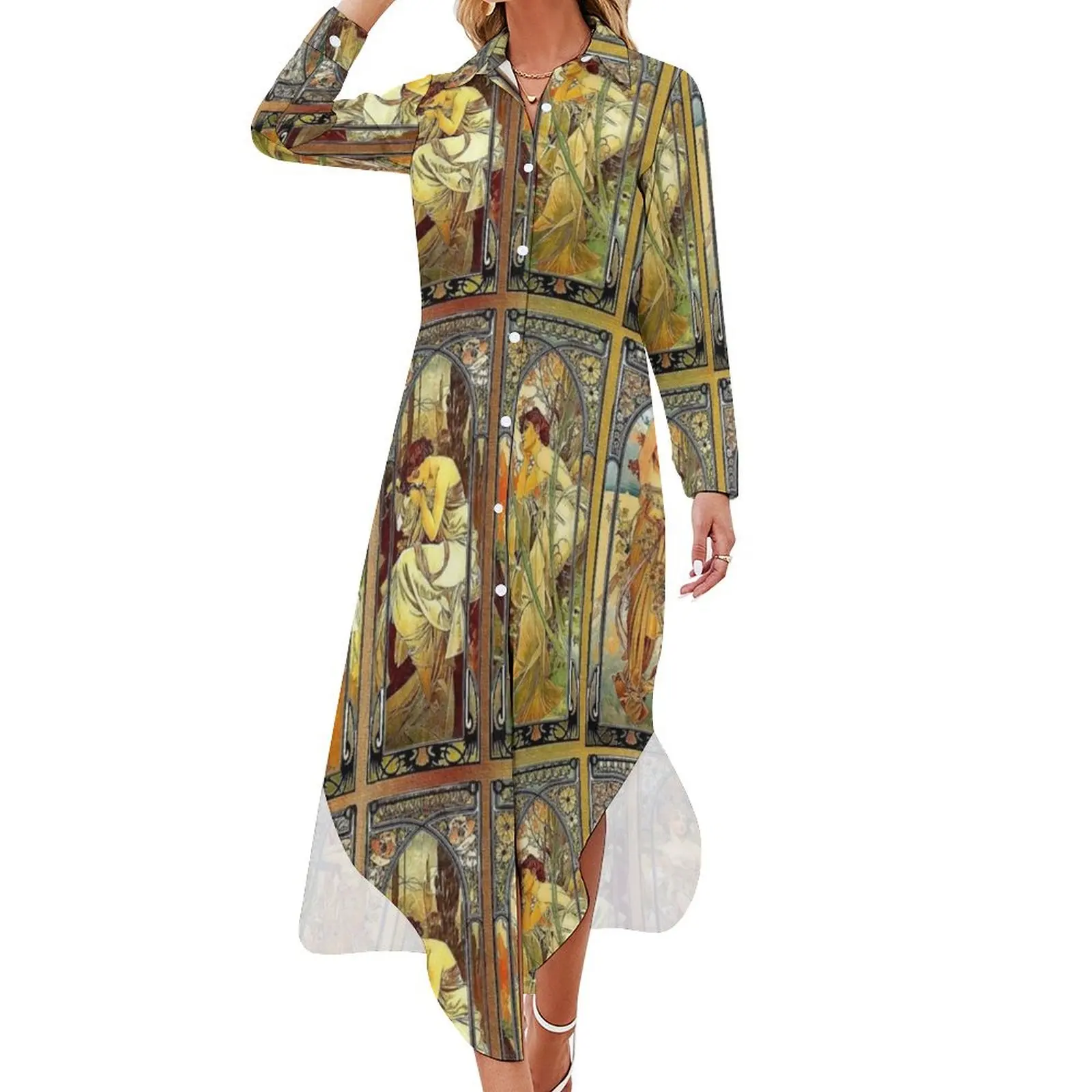 Four seasons Art nouveau vintage art - Alphonse Mucha Long Sleeved Shirt Dress sexy dress for women festival outfit women