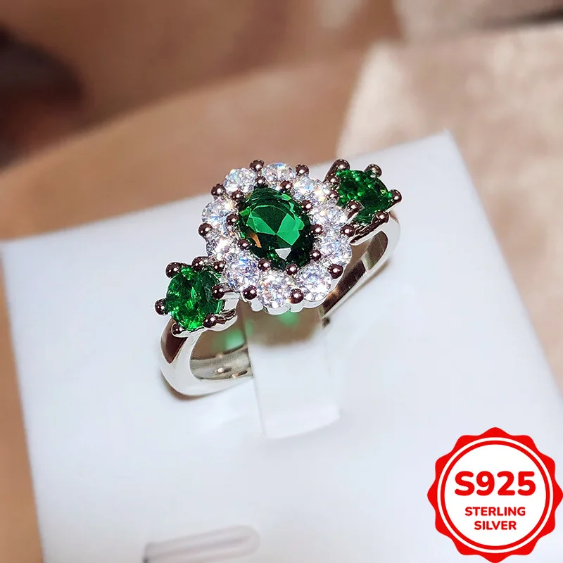 Classic Retro Authentic S925 Silver Emerald Zircon Temperament Creative Personality Ladies Ring