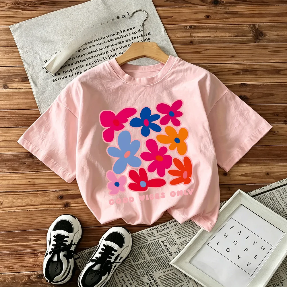 Summer Popular Children's Round Neck T-shirt Loose Comfortable Soft Skin Friendly Versatile Flower Print Short Sleeved Shirt