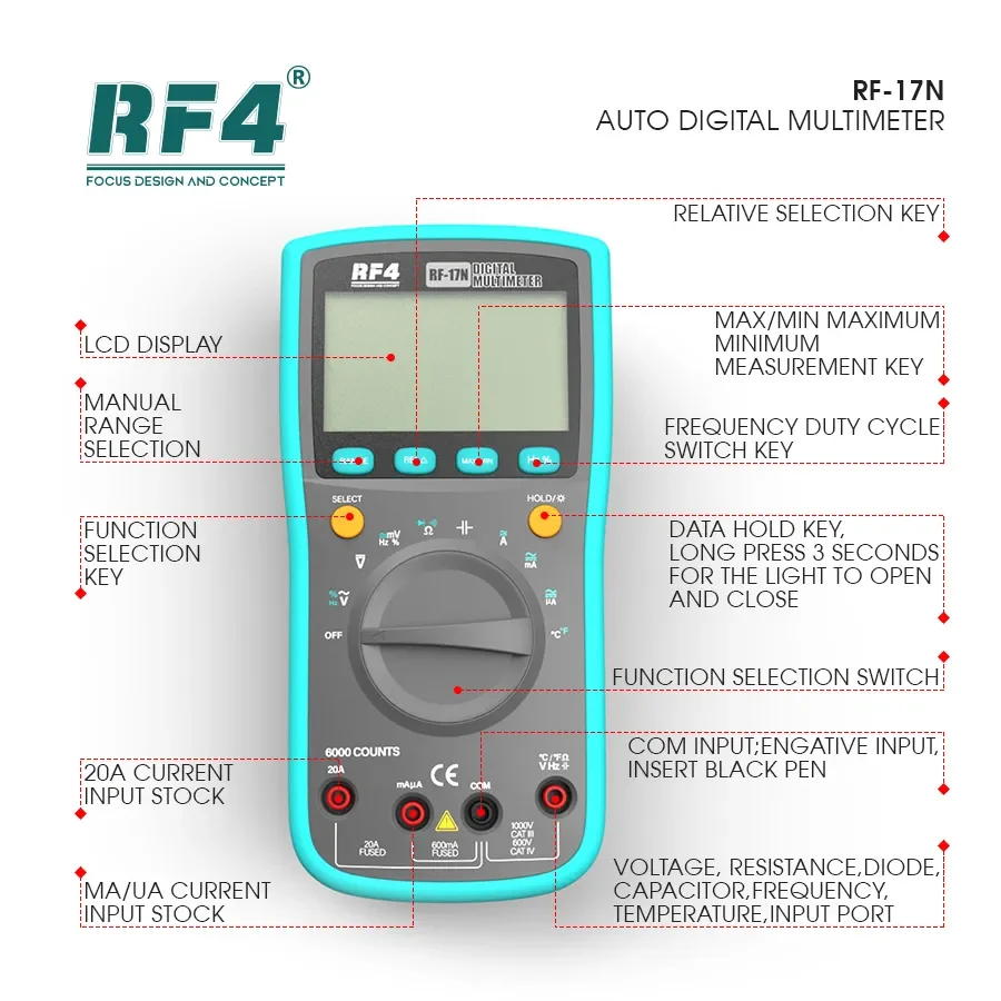 RF4 RF-17N Digital Smart Multi-Function Multimeter Circuit Board Electronic Maintenance Instrument Tester Repair Tools