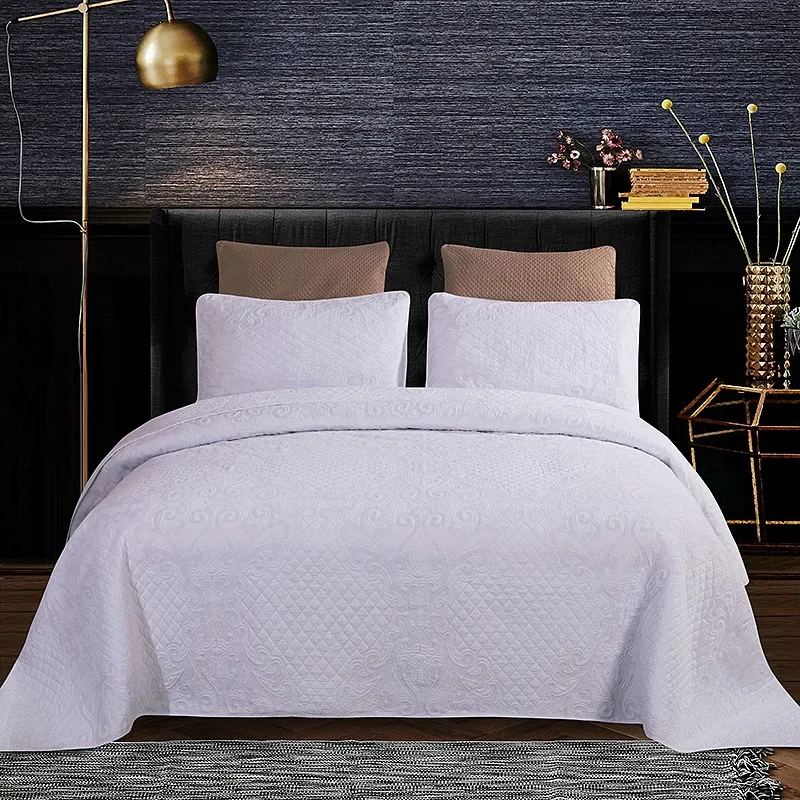 White Embroidered Quilt Set 3-Pieces 100% Cotton Bedspread with Pillowcases King Queen Size All Season Thin Comforter Blanket