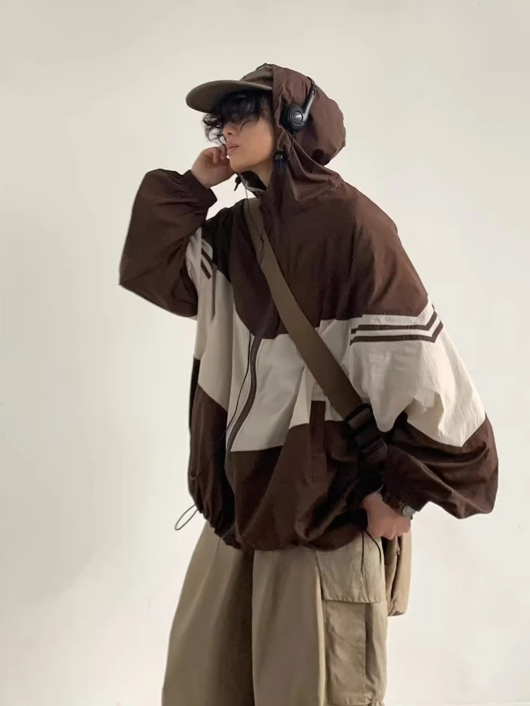 Men Jackets Hooded Baggy Patchwork Contrast Color Fashion Comfortable Waterproof Leisure Daily Retro Outer Japanese Style Chic