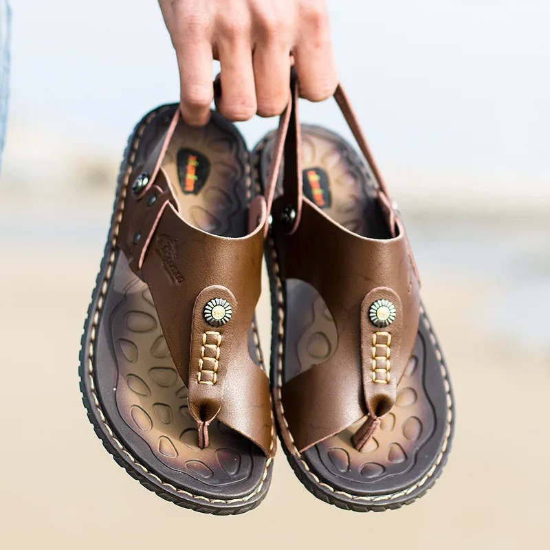 Sandalias de cuero hechas a mano para hombre, zapatos de playa antideslizantes para exteriores, chanclas planas de gran tamaño 47