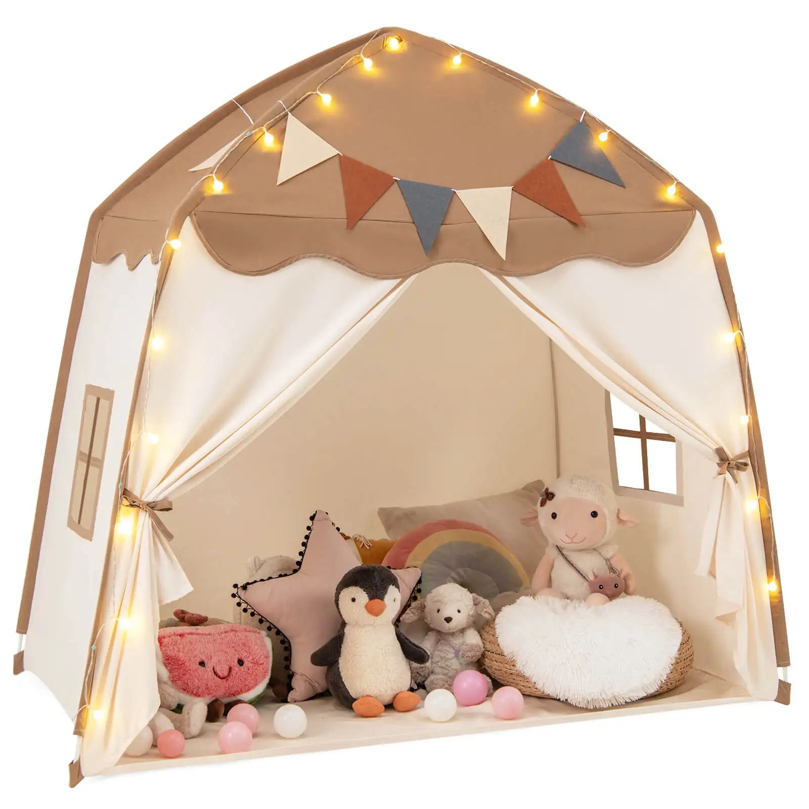 Kids Play Tent w/Flags and Globe String Lights for 3-12 Years Old Indoor Outdoor