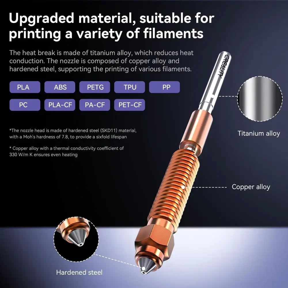 Nozzle Kit Creality K1C Ender 3 V3 / Plus 3D Printer Tri-metal Design High Flow Titanium Alloy Heat Break 3 Apertures Filament