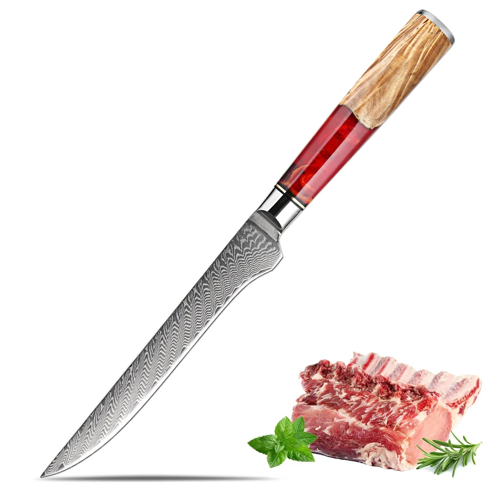 Professionelles Ausbeinmesser, 15,2 cm, japanisches 67-lagiges Damaststahl-Küchenmesser, Fischfiletmesser, roter Griff aus Harz und Holz