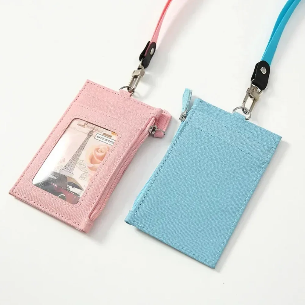 PU Leather Card Holder Neck Lanyard Women Men Multifunction Bus ID Badge Sleeve Multiple Slots Credit Wallet Coin Purse Simple