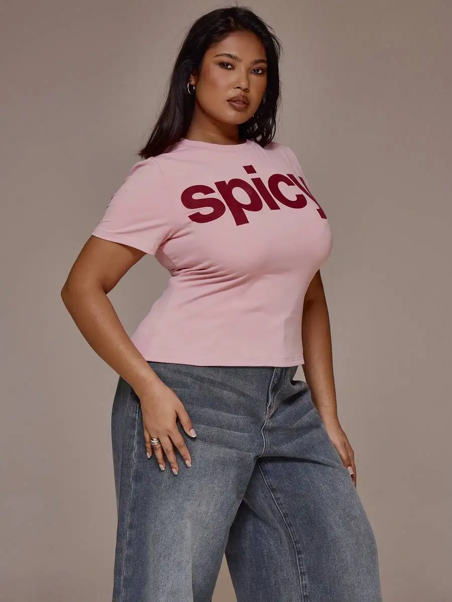 

Plus Size Fitted Short Sleeve Tee Spring Summer Casual Y2k Festival Top