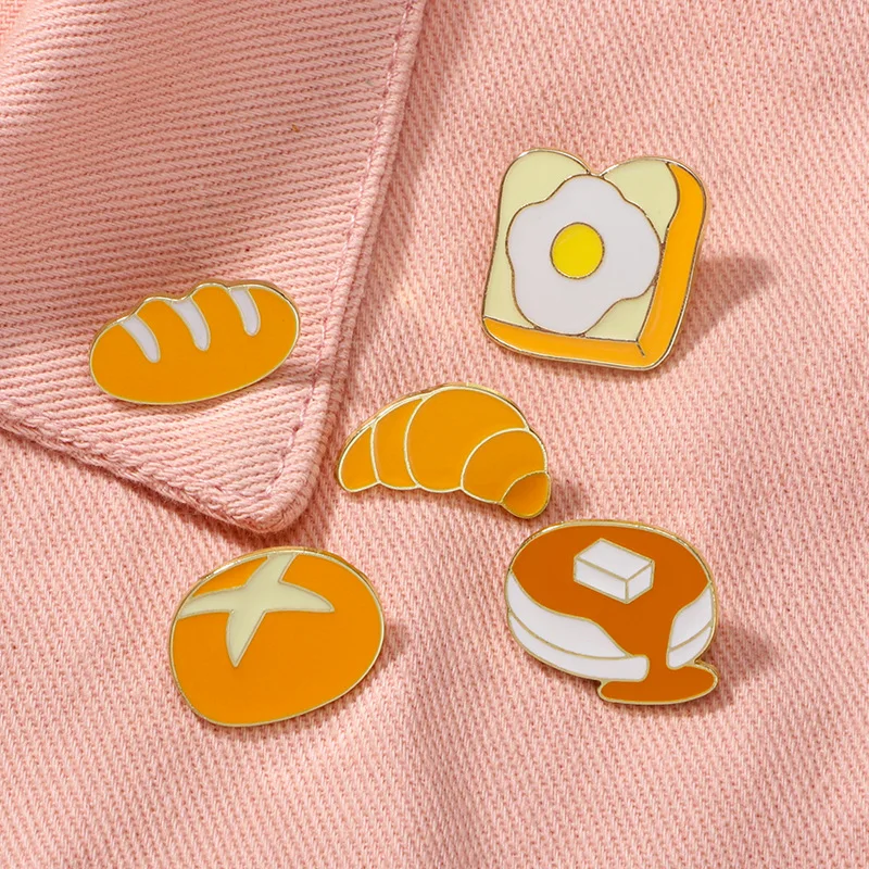 Cartoon Food Bread Enamel Pins Croissant Baguette Pancake Egg Toast Metal Lapel Brooch Badge Cute Jewelry Gift for Food Lovers