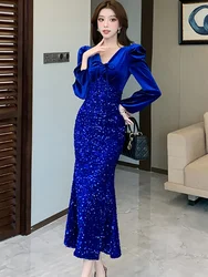 Women Blue Velvet Patchwork Sequins Luxury Gala Dress Autumn Winter Elegant Bodycon Long Dress 2026 Korean Vintage Evening Dress