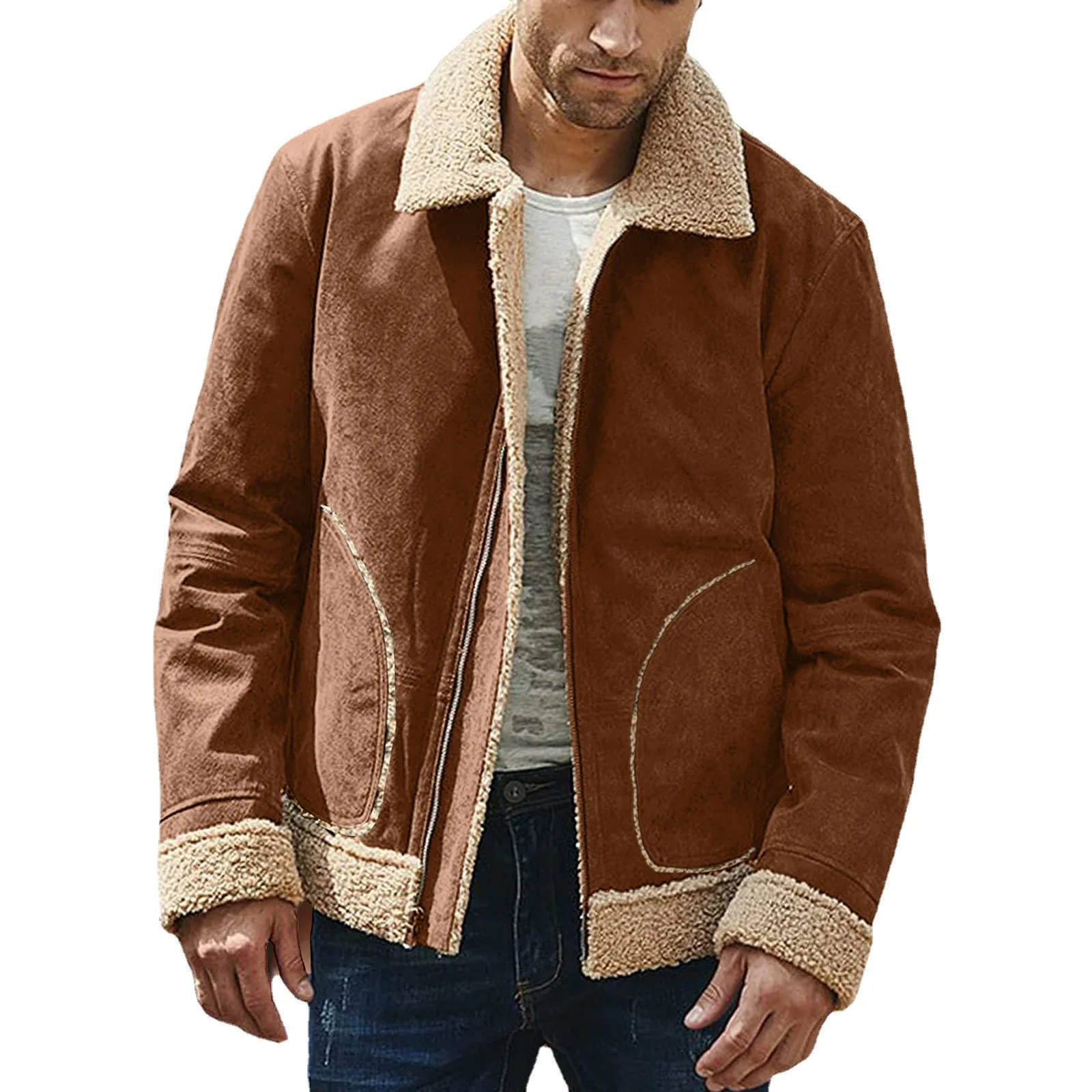 Men's Solid Color Thickened Frosted Plush Composite Jacket fur integrated Coat Oversize Warm Outwear for Men