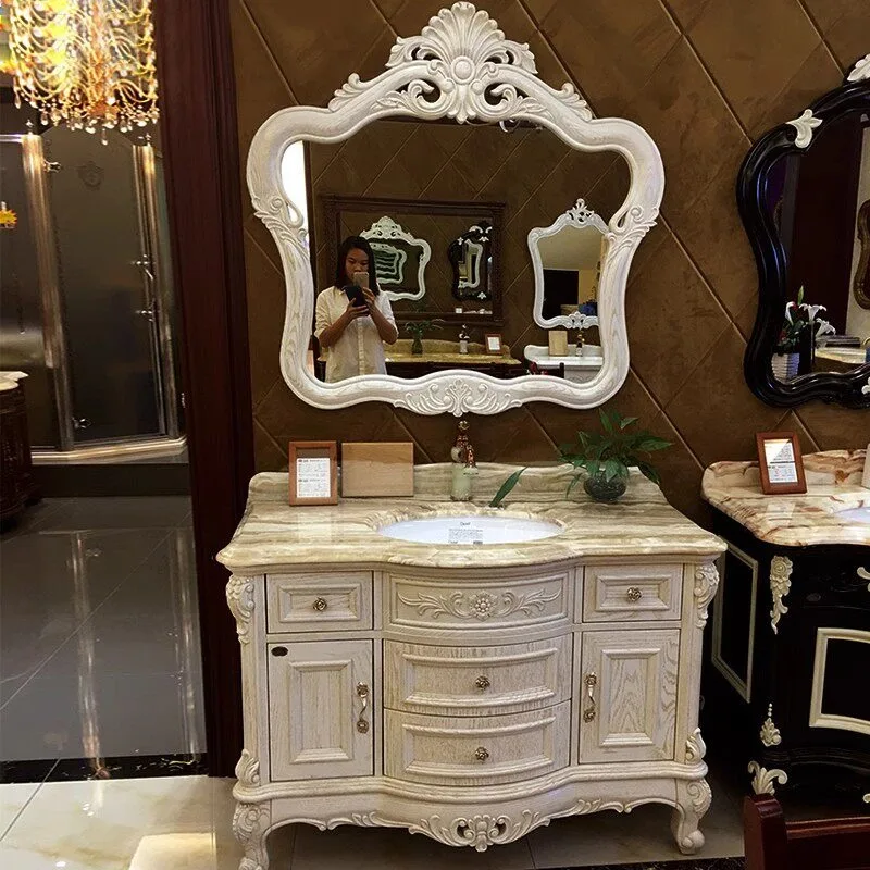 Red Oak Bathroom Cabinet Solid Wood Antique Bathroom Cabinet Marble Floor Washbasin Cabinet view 2