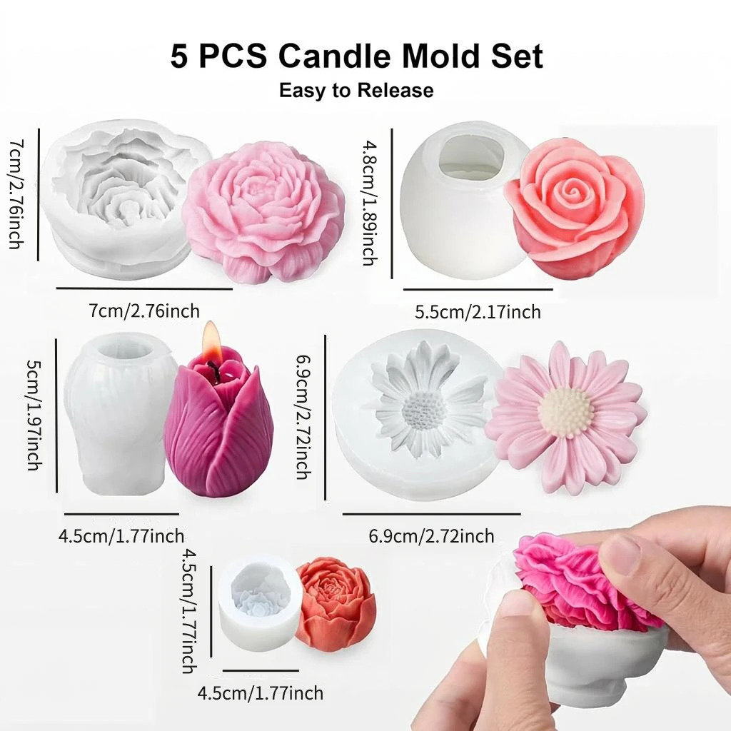 5Flower Candle Mold Set，3D Floral silicone candle mold，Used for candle making，Daisy、Peony、Rose、Tulip flower mold view 5