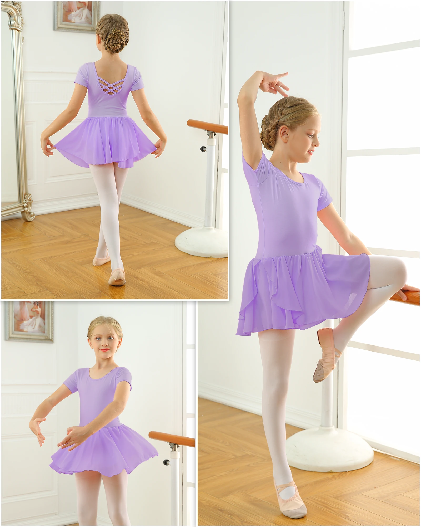 Body da balletto a maniche corte per ragazze con gonna Abito da ballo incrociato sul retro per bambini Abiti da balletto per bambini