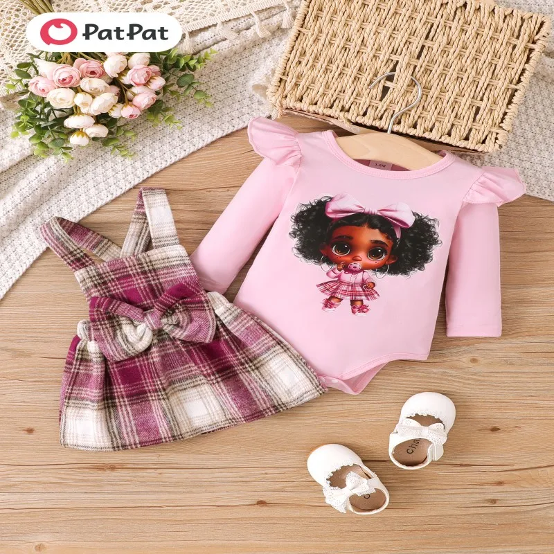 

PatPat Baby Girl 2pcs Cute Character Print Flutter sleeves Romper And Bow Decor Plaid Suspender Skirt Sets