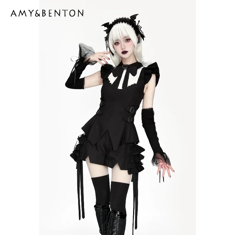 

Subculture Gothic Mine Series Lolita Style Set Punk Round Neck Sleeveless Slim Top Wide Leg Shortsmass-produced Two-Piece Set