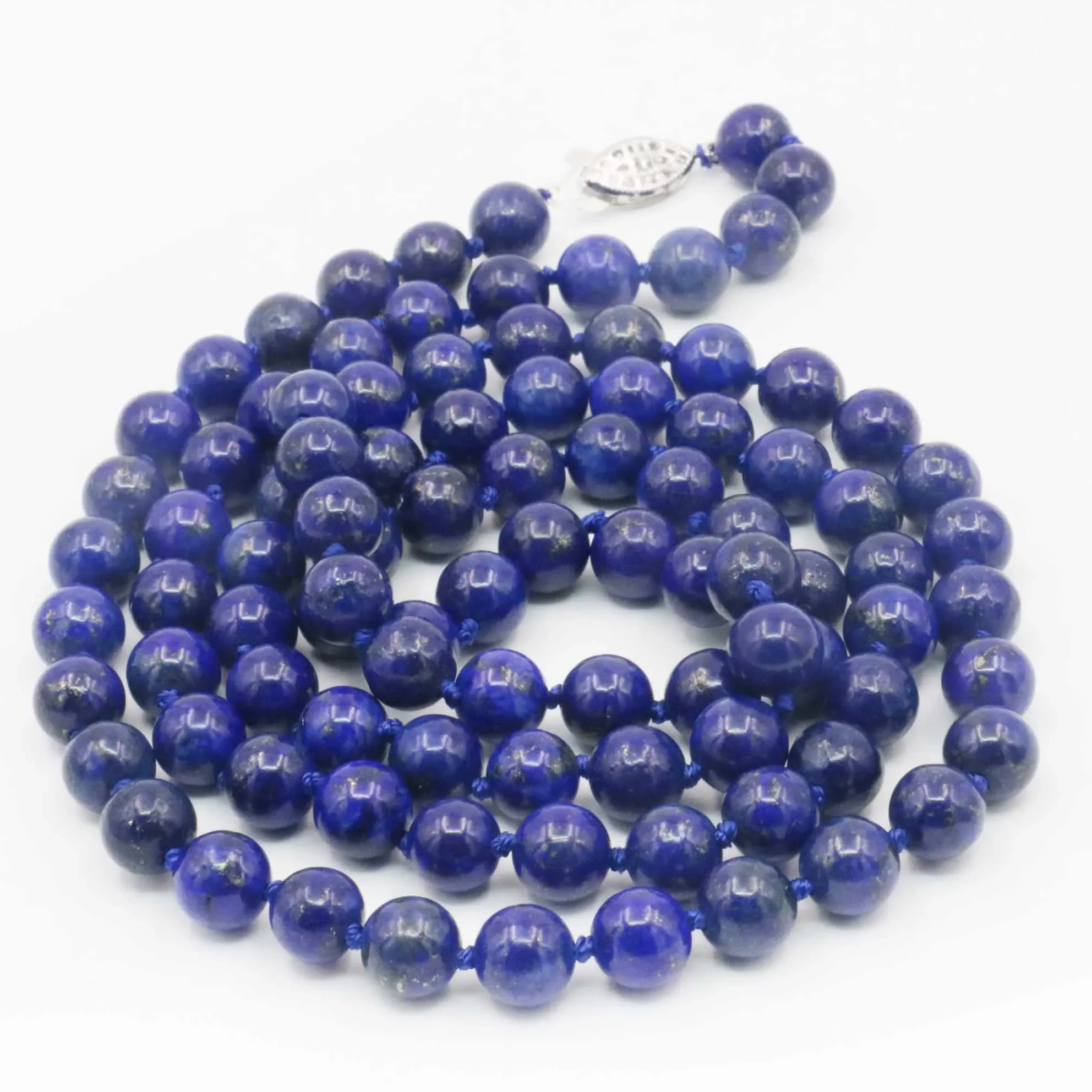 8mm Long Round Blue Lapis Lazuli Necklace Natural Stone Rope Chain Beads Neckwear Women Gifts Jewelry Making Design Alloy Clasp