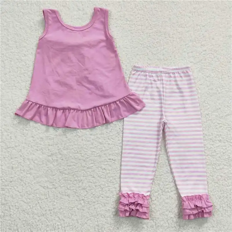 8.08  Wholesale Summer Girls Short-Sleeved Suit With Multi-Element Stripes And Colorful Suspenders With Ruffle